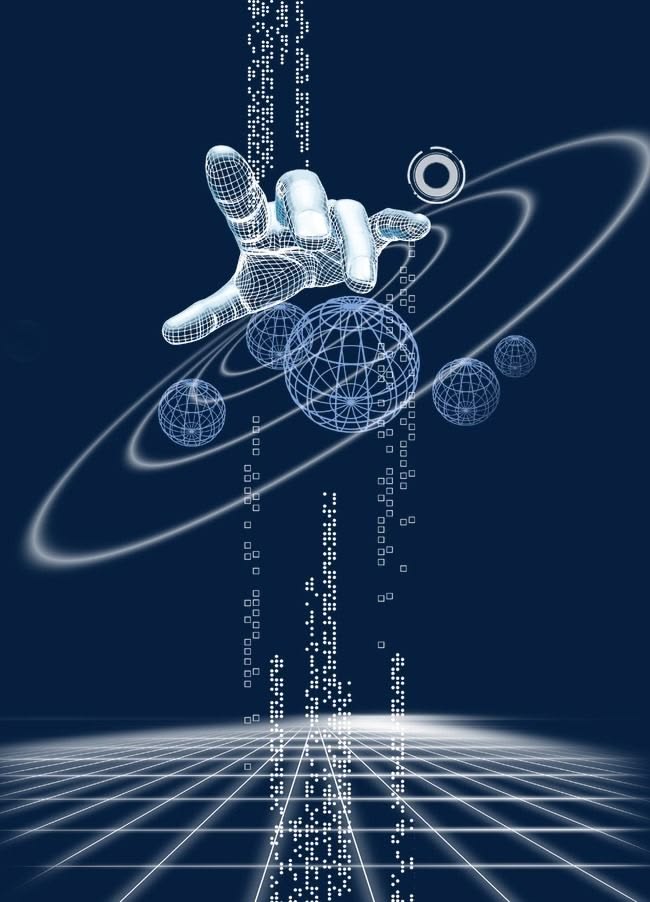 A wireframe hand reaching through orbital rings and wireframe globes